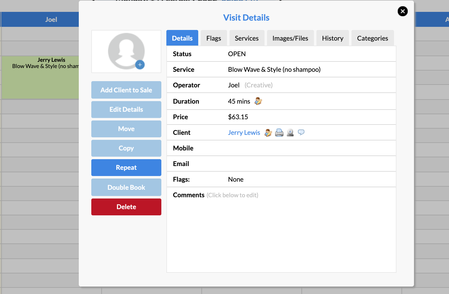 Visit Details window showing the Repeat button