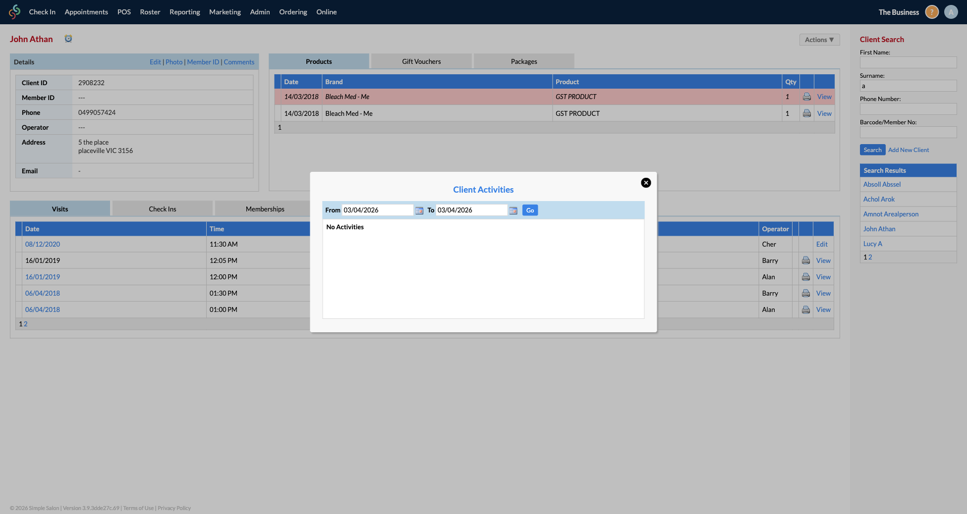 The Client Activities popup showing a date range filter with From and To fields and a Go button