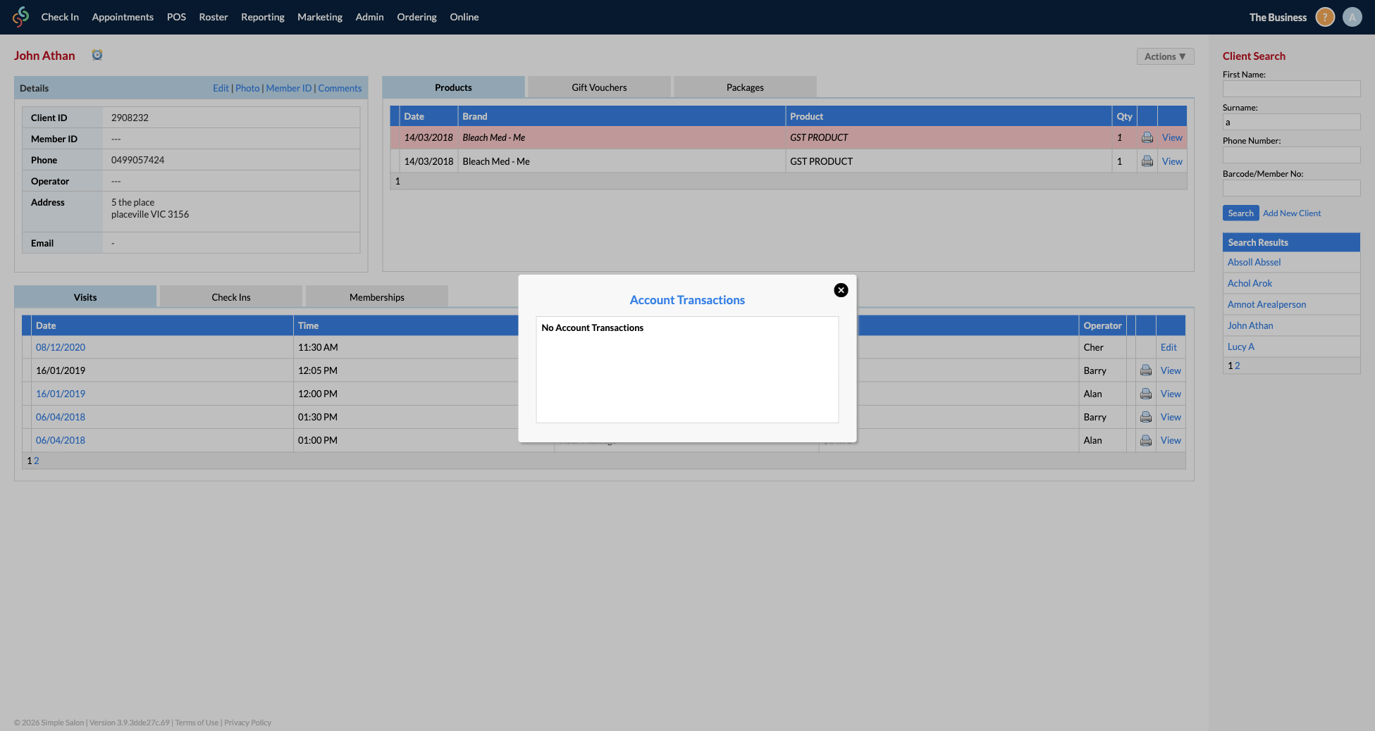 The Account Transactions popup on the Client Card