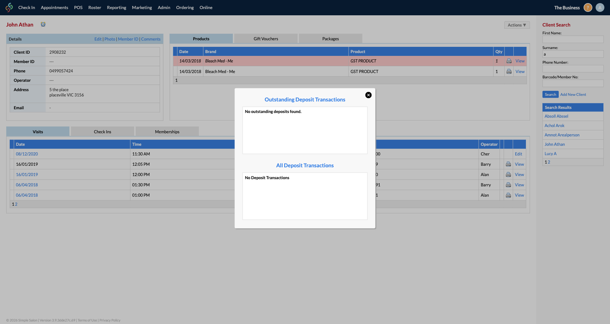 The Outstanding Deposit Transactions and All Deposit Transactions popup on the Client Card