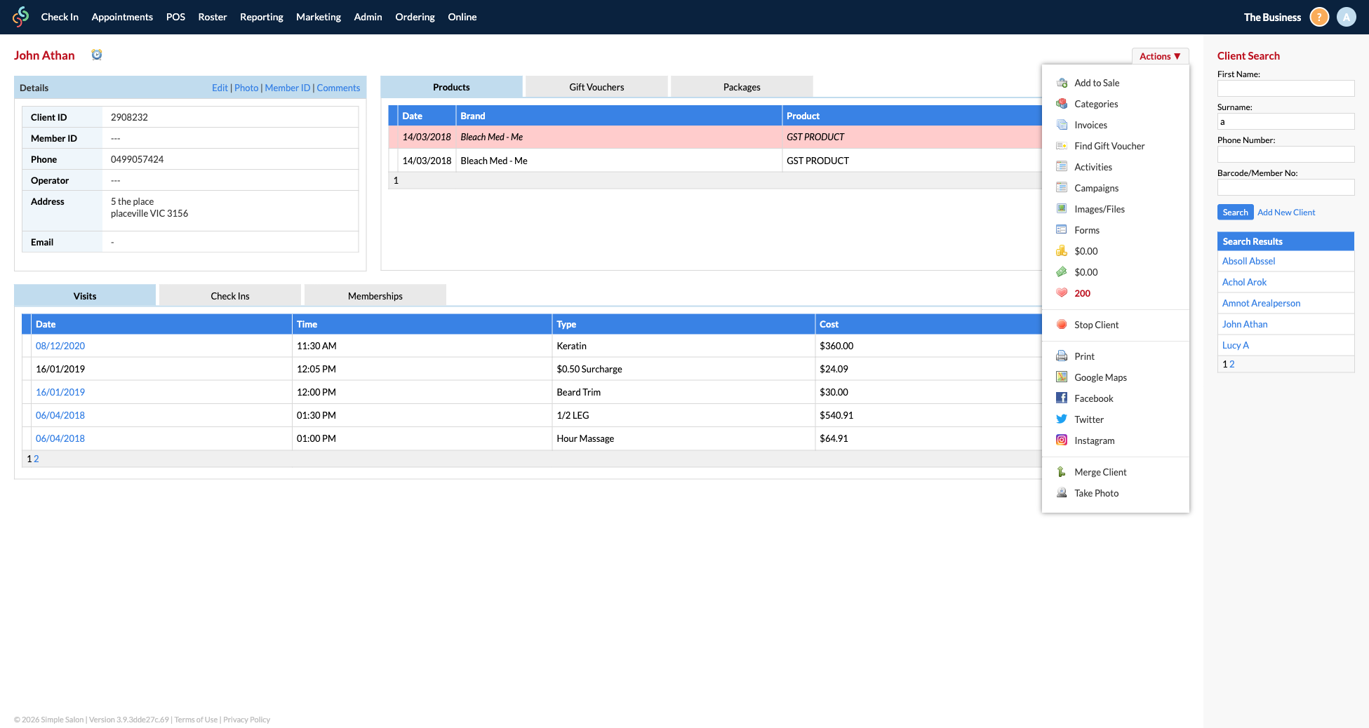 The Actions dropdown menu showing all available client actions