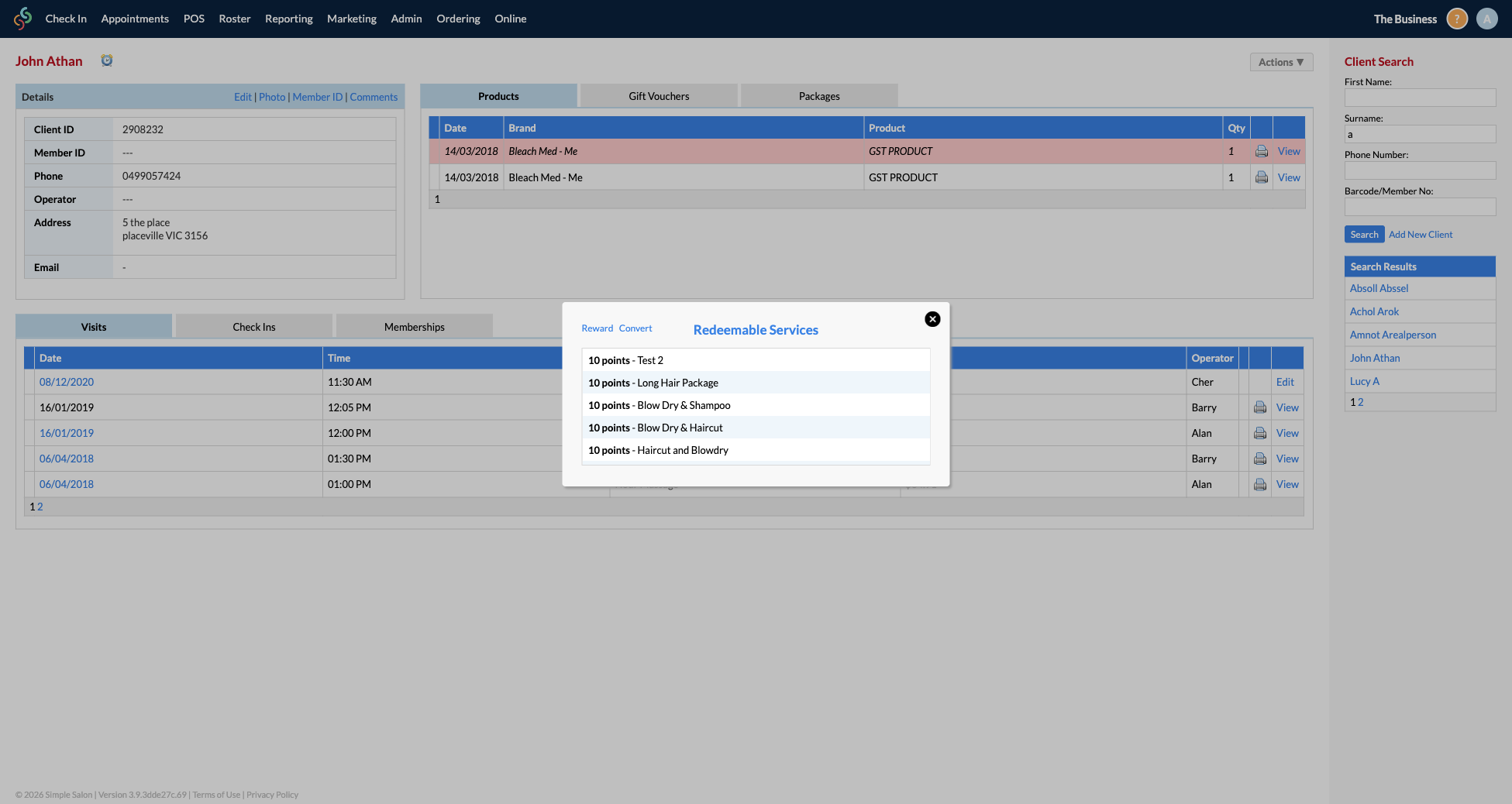 The Loyalty Points popup showing Reward and Convert options along with redeemable services and their point costs