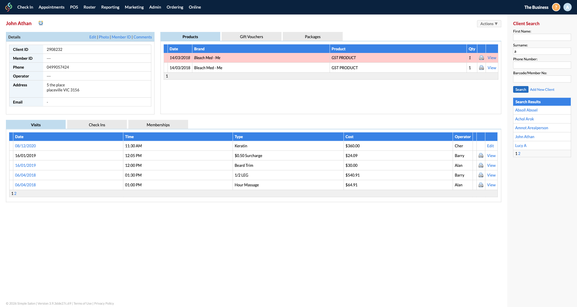 The Client Card showing client details on the left, product purchase history in the upper right, and visit history below