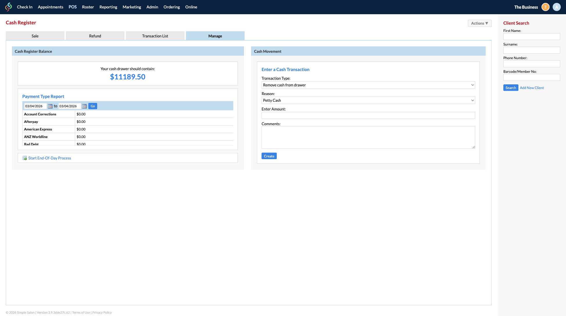 POS Manage Tab screenshot
