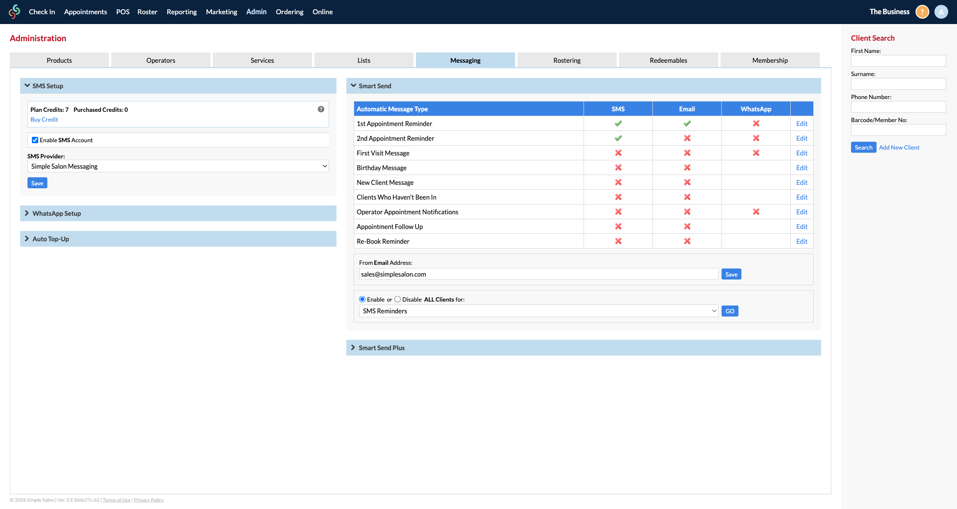 Admin Messaging tab showing Smart Send message types and Smart Send Plus section