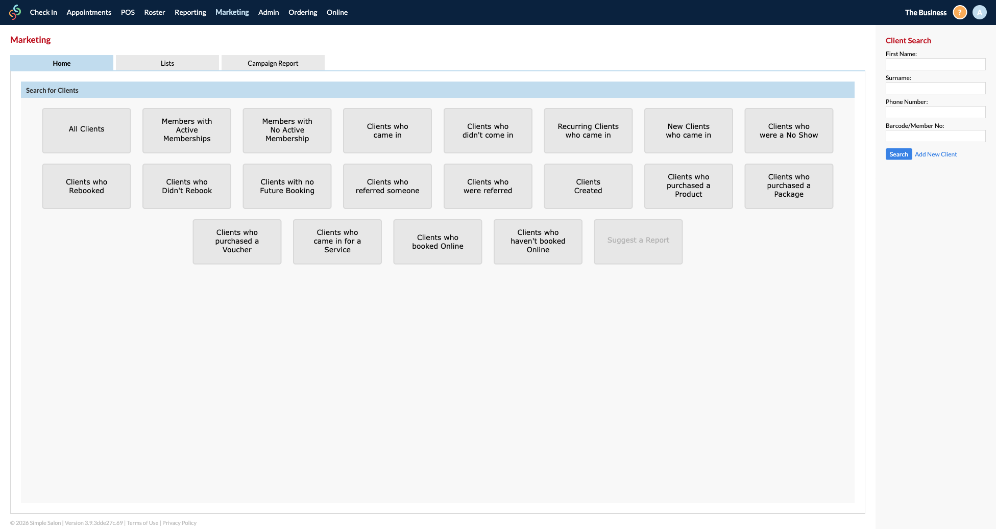 Marketing Home screen showing client filter tiles