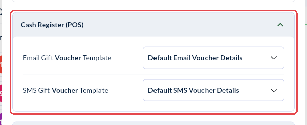 Settings search for Voucher showing the Email Gift Voucher Template and SMS Gift Voucher Template dropdowns
