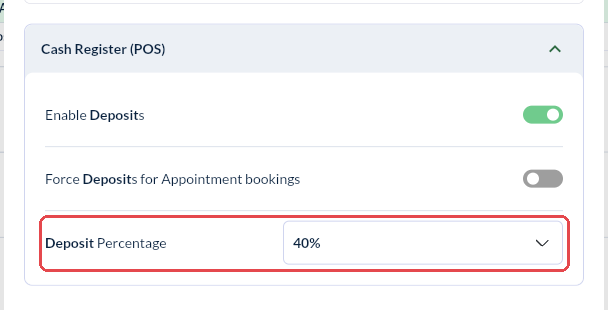 Settings window searched for Deposit, showing Enable Deposits, Force Deposits for Appointment bookings and the Deposit Percentage dropdown