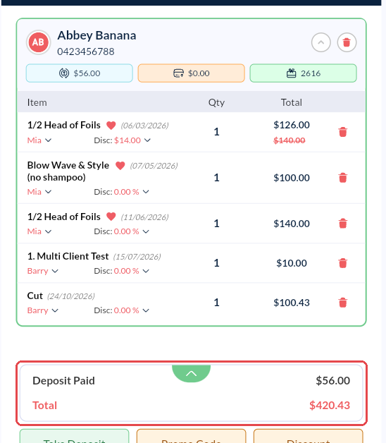 POS sale for a client with the Deposit Paid line above the Total