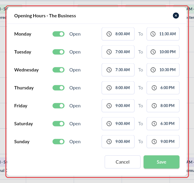 The Opening Hours window on the Roster page, with a switch, open time and close time for each day